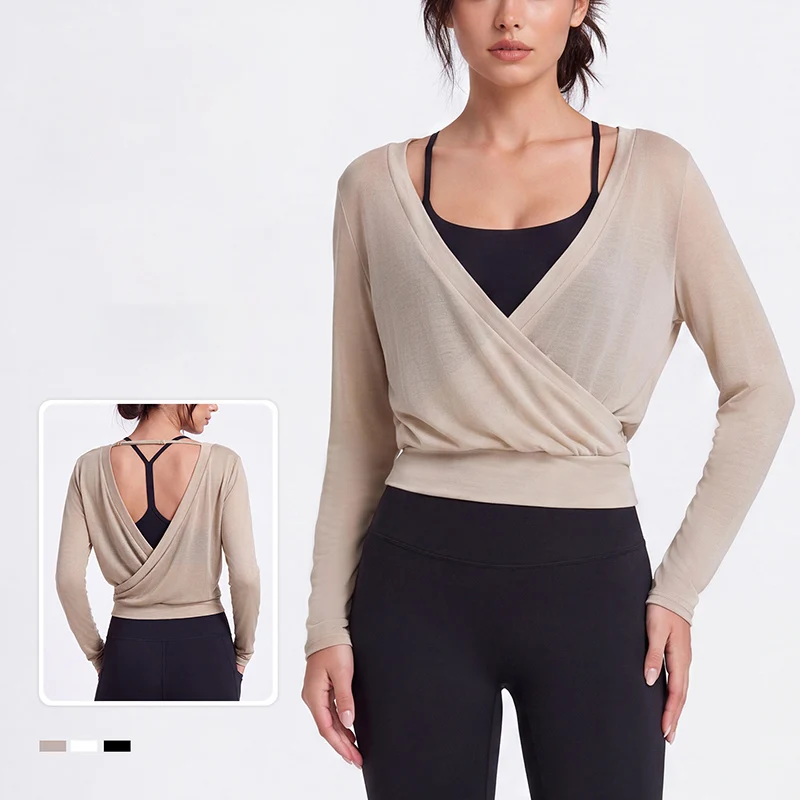 Women's Cross Wrap Tie Smock Tops Yoga Shirts Long Sleeve Deep V Neck Solid Color Slim Fit Smock Ladies Yoga Workout Gym Vest