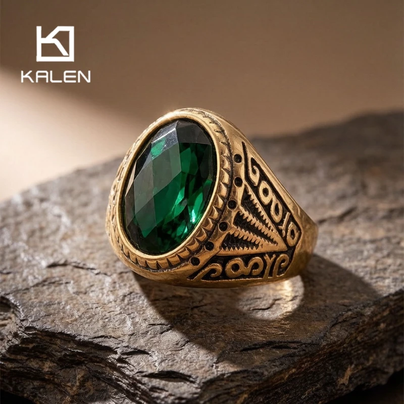 KALEN Stainless Steel Vintage Oval Green Stone Ring for Men Punk Carved Larger Male Finger Anillos Biker Party Jewelry Gift