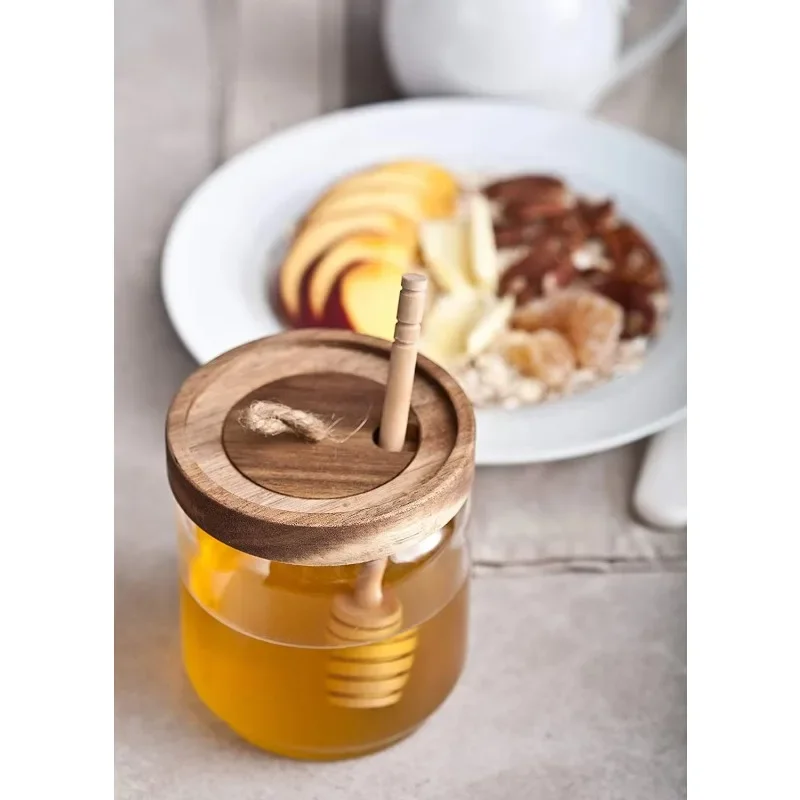 Honey Jar Pot Glass Holder Dispenser with Wooden Dipper and Acacia Lid Cover for Home Kitchen Honey Container