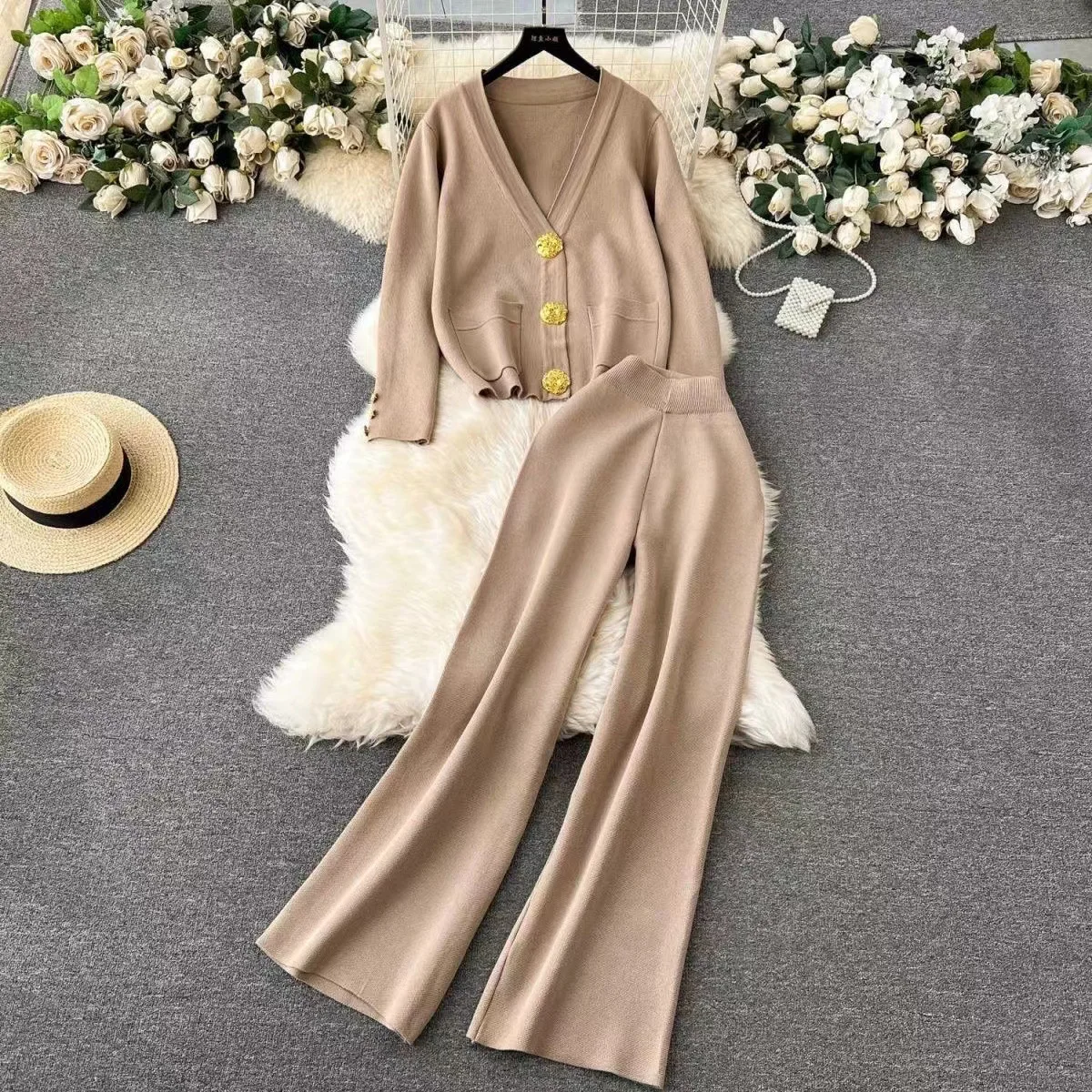 Casual Set Versatile Metal Buckle Long Sleeve Cardigan Sweater Wide Leg Pants Knitted Two Piece Set Women Two Piece Outfits