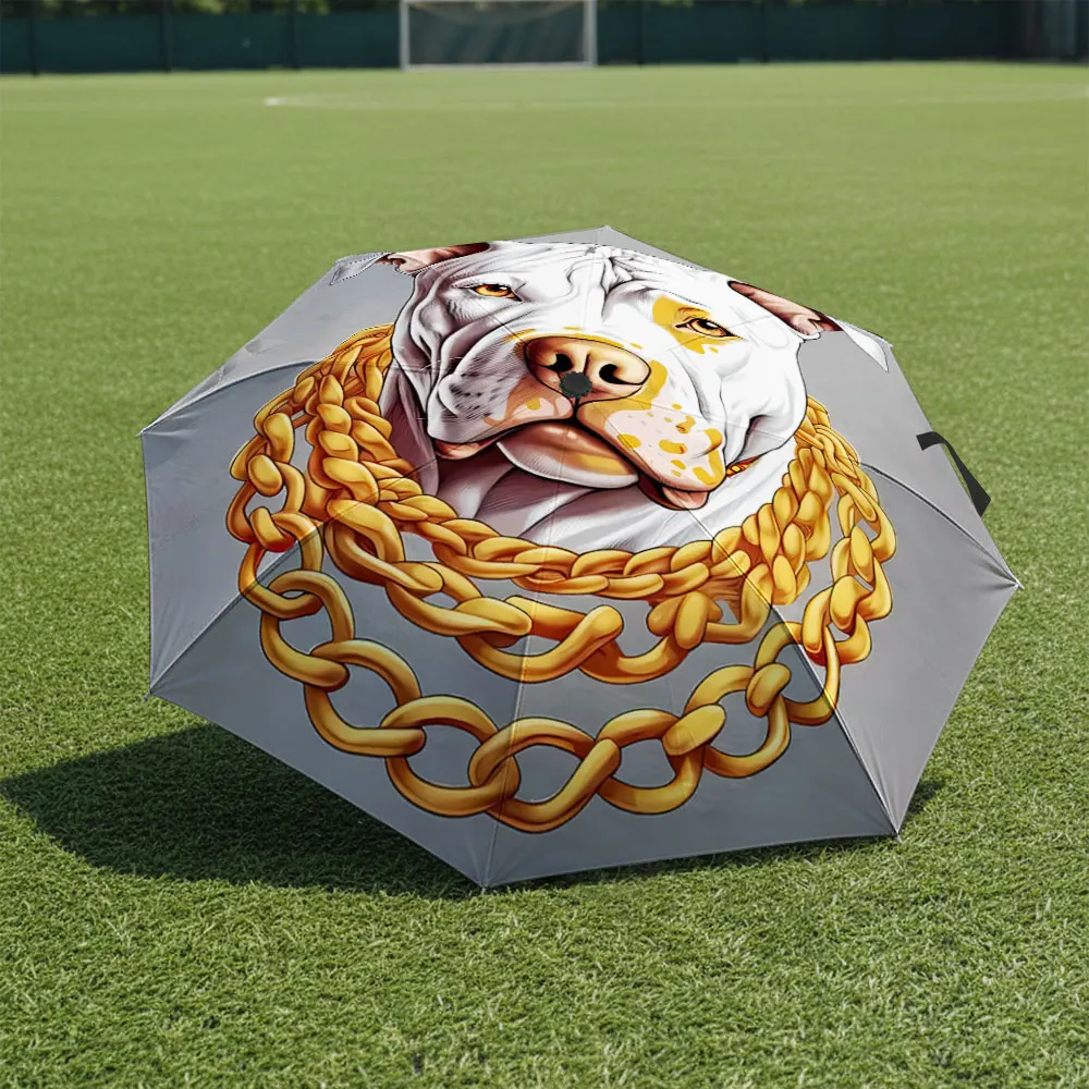 1P C Golden Chain Dog Umbrella in Front of a White Building Print 8 Iron Ribs Folding Umbrella Auto-Open Fashion Sunshade