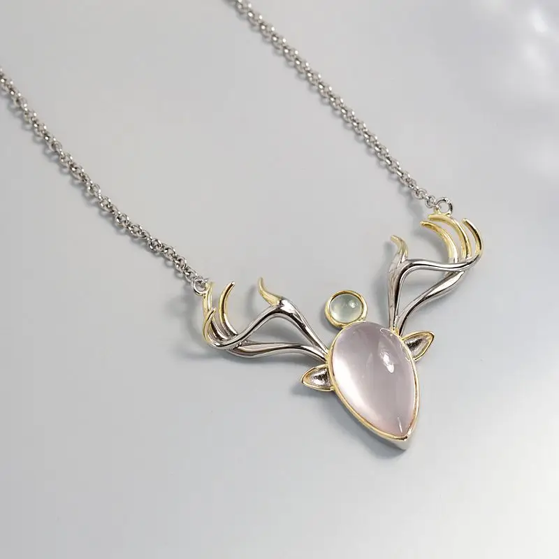 

925 Sterling Silver Pendant Inlaid Natural Rose Quartz And Prehnite Fashion Creative elk Silver Necklace Women Fine Jewelry Gift