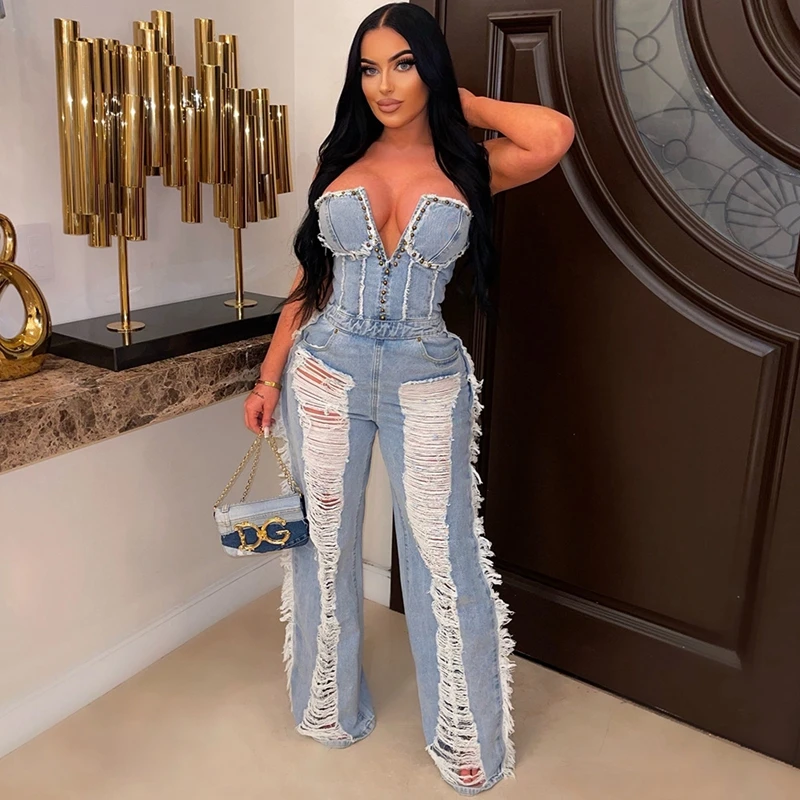 

STYLISH LADY Tassel Rivet Denim Blue Hole Rompers and Jumpsuits 2023 Summer Women Strapless Backless Hollow Out Jeans Overalls