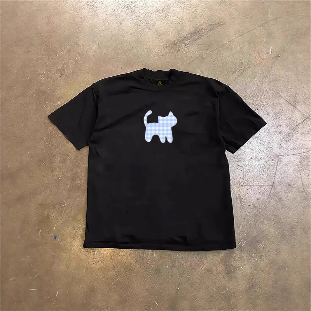 Camiseta holgada de manga corta para hombre y mujer con estampado de gato de dibujos animados americano de gran tamaño, ideal para escuchar canciones de amor.