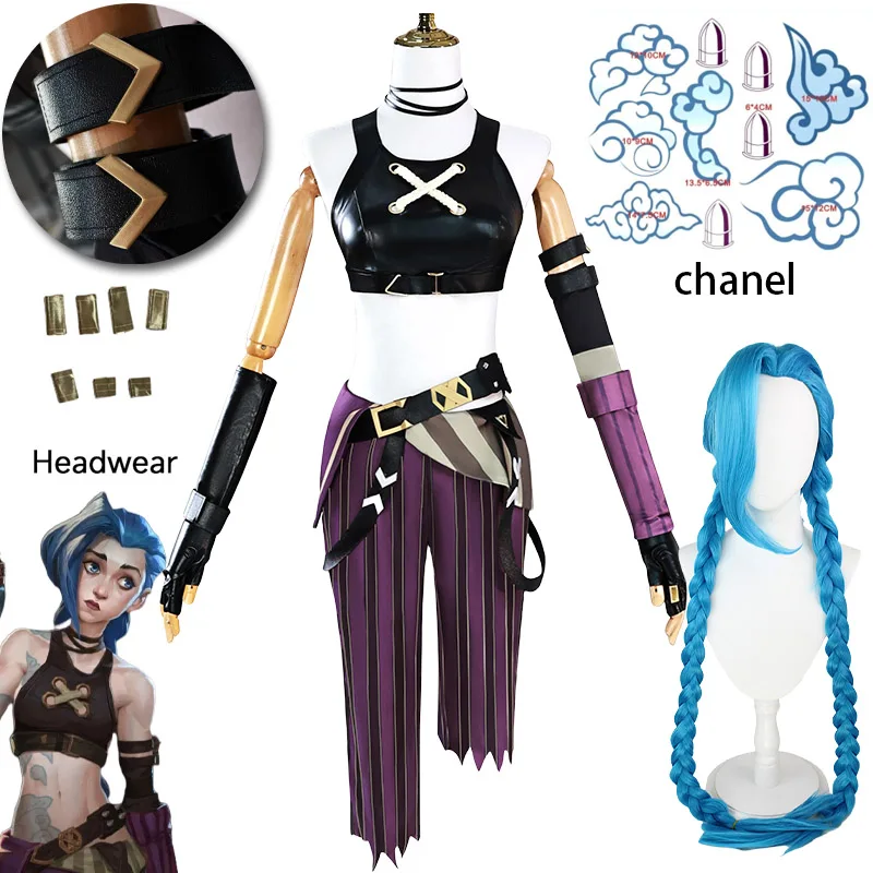 LOL Jinx Cosplay Costume Anime LOL Arcane Jinx Cosplay Outfit Uniform Halloween Suit Halloween Costume Jinx Wigs Chanel