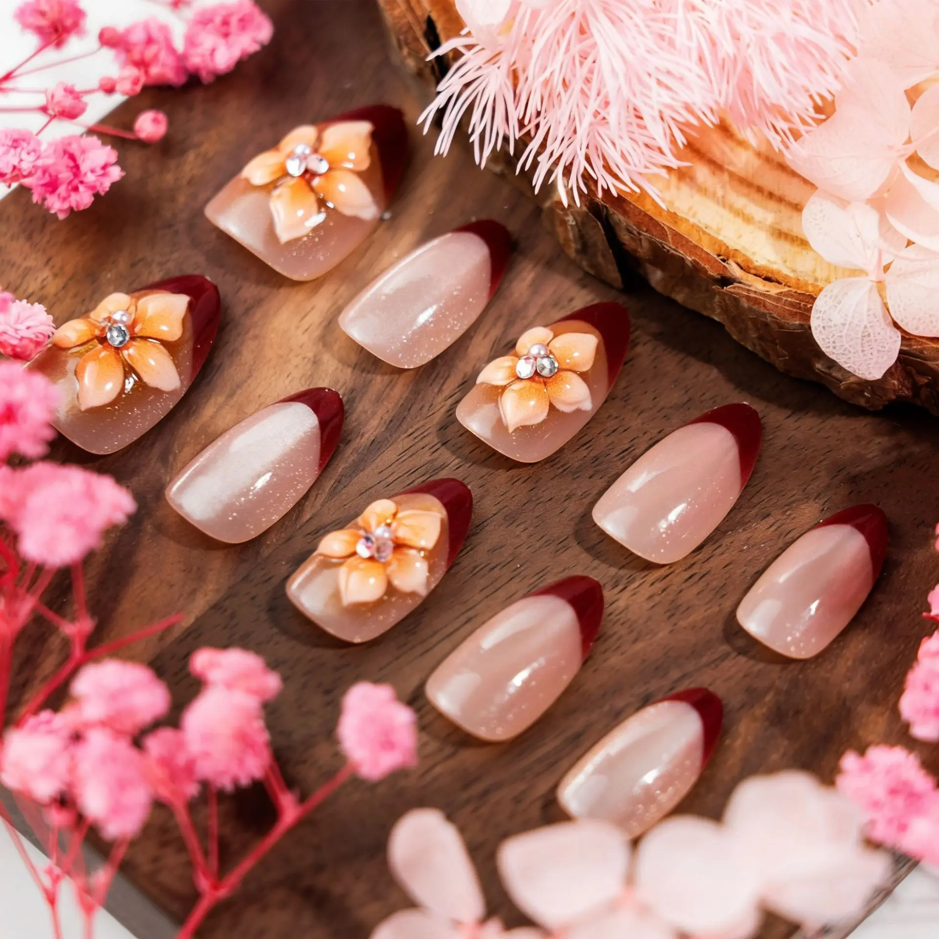 24 pièces 3D amande florale presse sur ongles ensemble à la main diamants avancé marron français faux ongles quotidien exquis doux frais faux ongles