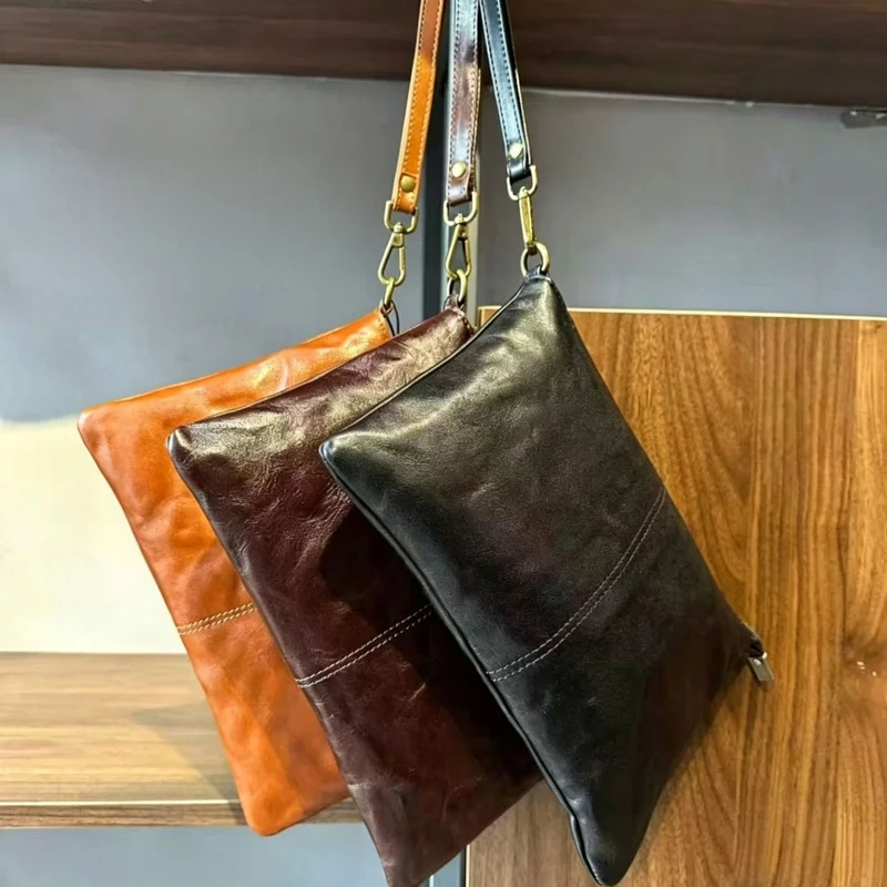 New Genuine Leather Men's Clutch Bag Minimalist Wristlet Handbag Business Casual Large Capacity Purse for Daily Travel Work