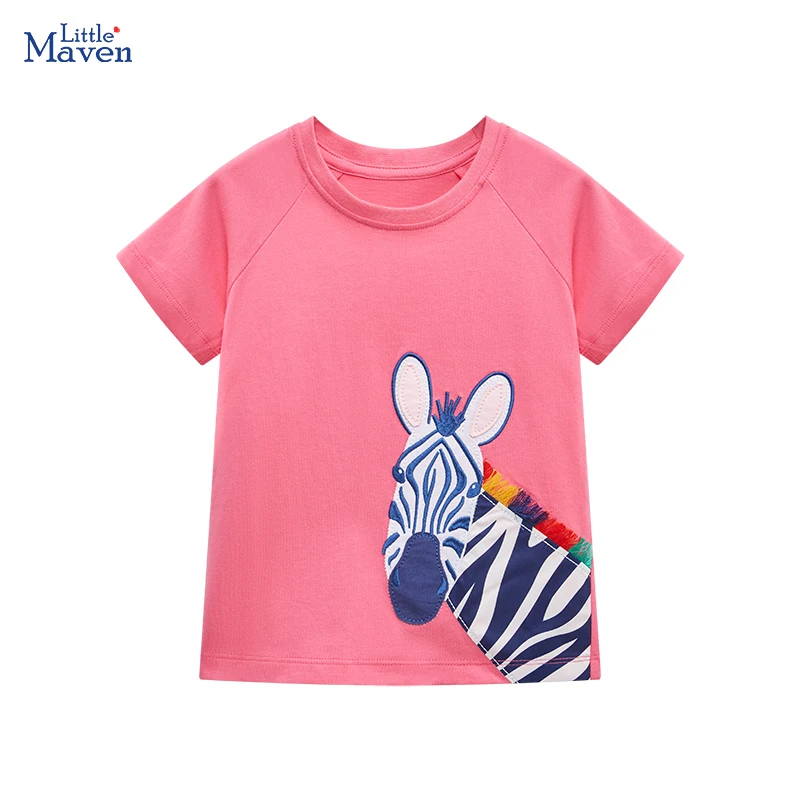 Little maven New Tops Kids Clothes Blouses Baby Girls Wear T-shirts for Children\'s Clothing Embroidery Cartoon Zebra Cotton 2024