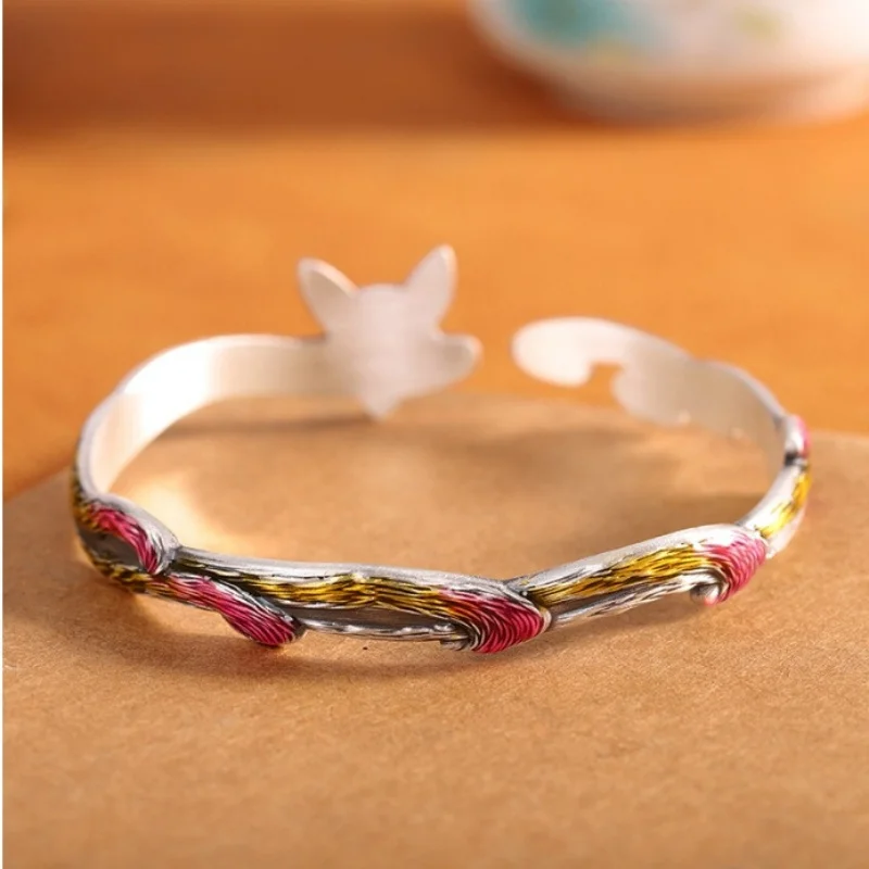 S999 Sterling Silver Bracelet for Women New Fashion Relief Cloisonne Nine-tails-fox Bangle Ethnic Style Jewelry Wholesale