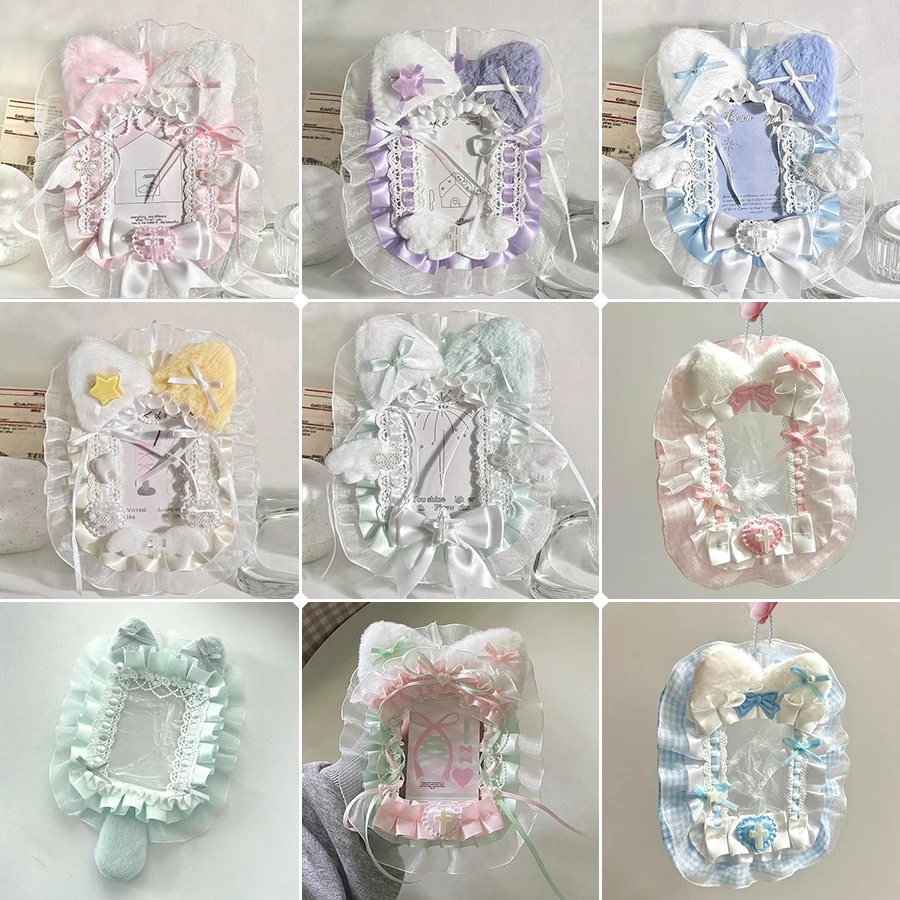 Handmade Fuzzy Cat Ear PVC Photocard Holder Assorted Colors Lace Satin Bow Ruffle Trim 3 Inch KPOP Polaroid Anime Photo Protector Cute Lolita Fan Trading Card Storage DIY Decorative Card Sleeve Collection