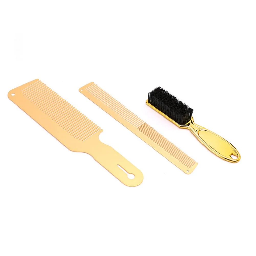 3pcs/Set Plating Gold Hair Clipper Cutting Comb And Brush Set Colorful Barber Comb Neck Duster Brush Set For Barbermen Tools