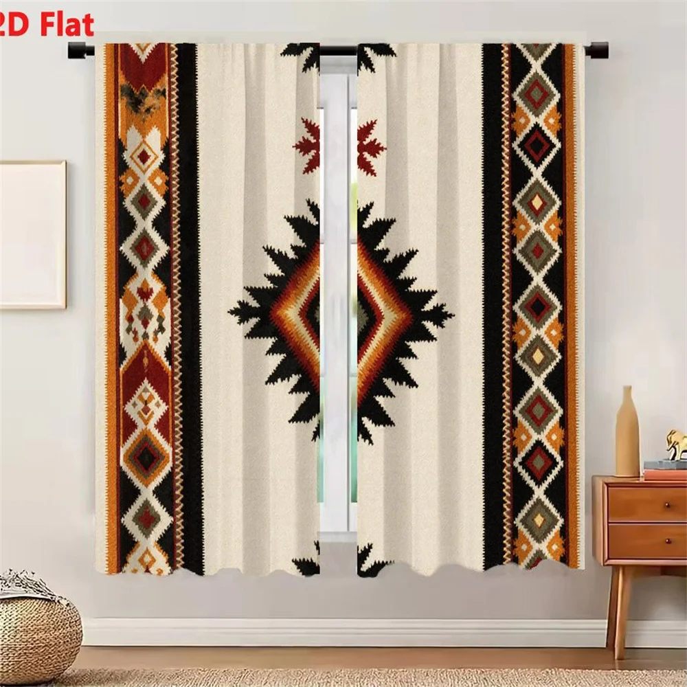 2Pcs Curtains 2D Flat Traditional Native American Inspired Geometric Textile Pattern Rug Fabric Design Light Beige Background Wi