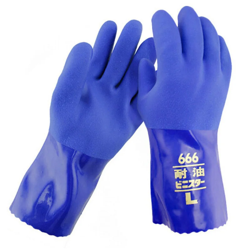 Guantes de goma de PVC resistentes al aceite, resistentes a ácidos y álcalis, forro azul de algodón, guantes protectores de seguridad Industrial, 1