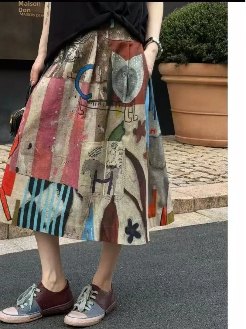 Authentic Double Layer Casual Vintage Skirt Spring Autumn Season Women's mid Waist A-Line Skirt Polyester Fiber Printed