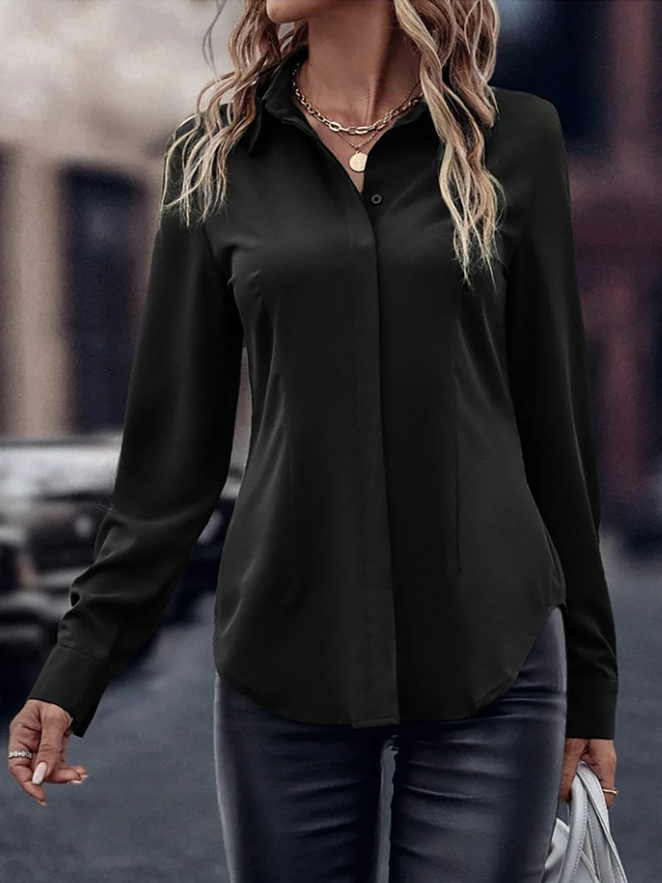 

Autumn Shirts 2025 Women's Casual Decent Plain Long Sleeve Shirt Collar Fitting Slim Office Lady Shirts