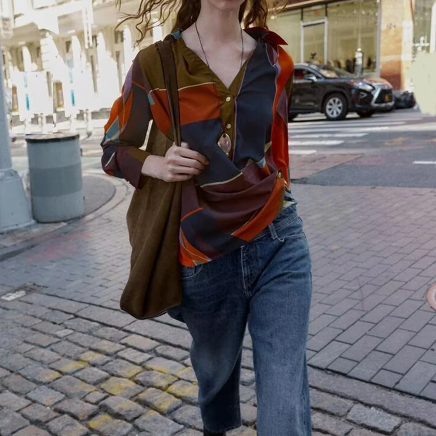 Faionable Casual Printed Double-Breasted Women's irt Autumn 2025 Z Straight Leg Long Sve