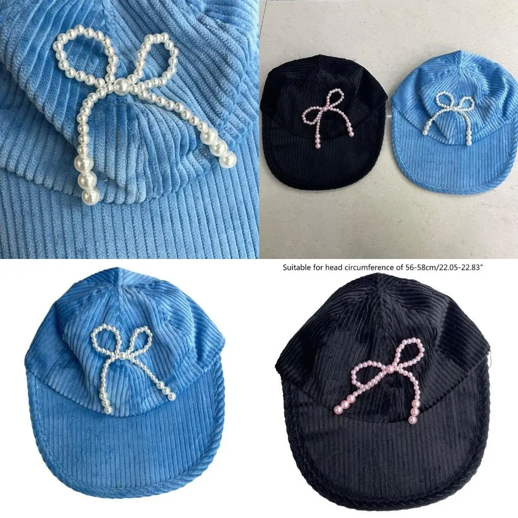

652F Pearl Bowknot Baseball Hat Adjustable Women Winter Sun Cap Breathable Hat Fashion Corduroy Hat Casual Travel Hat