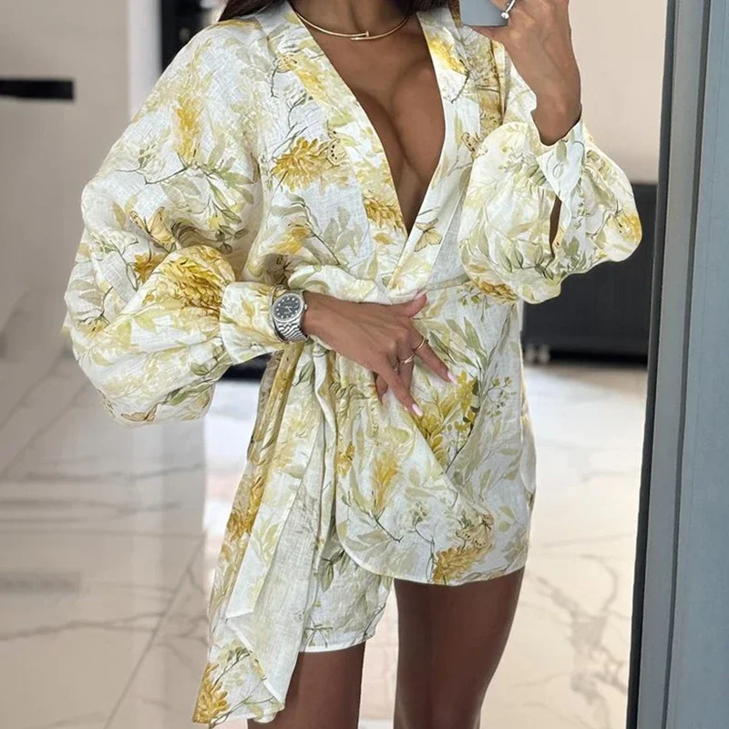 

Print V Neck Cardigan Dress Women's Long Sleeve Lace Up Fashion Mini Dress Retro Elegant Loose High Waist Party Dress