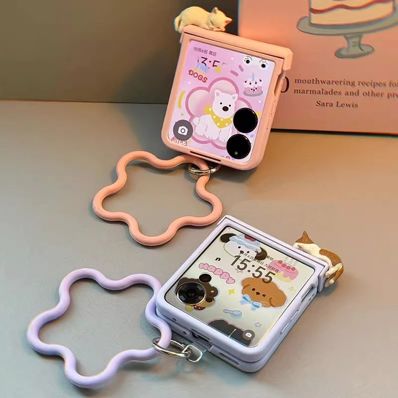 Korea Cute 3D Kitten Case Flower Strap Girl Case For Samsung Z Flip 7/6/5/4/3 For Motorola Razr 40 50 60 Ultra Xiaomi Mix Flip - náhled 3
