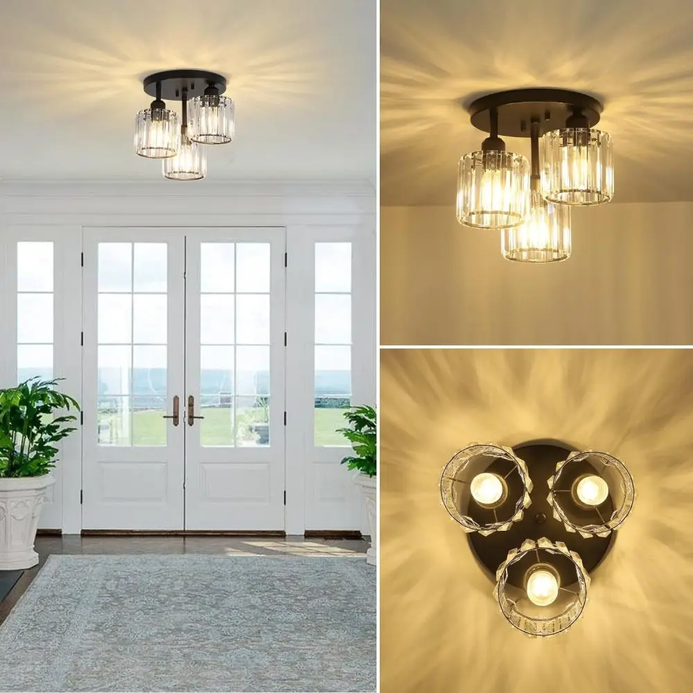 Crystal Semi Flush Mount Ceiling Light 3-Light Modern Close To Ceiling Light Fixtures Black Kitchen Fixtures Clear Crystal Shade