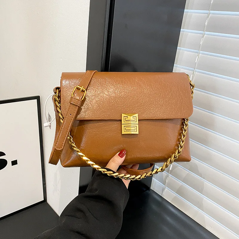 

​​Waxed Distressed Leather Square Bag Women Chain Strap Crossbody Vintage Office Purse Water Resistant Commuter Chic​​