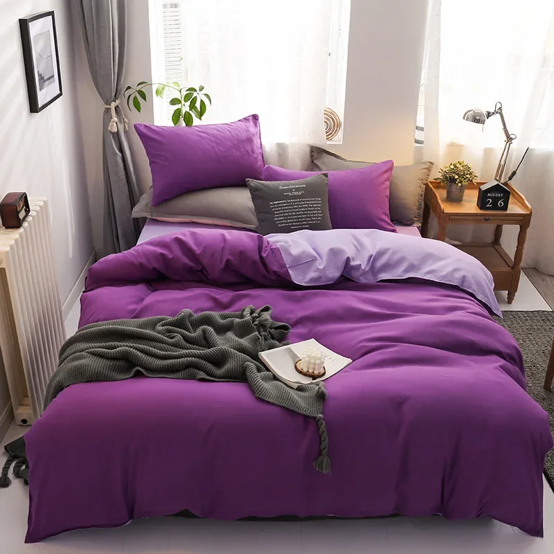 4Pcs Skin Friendly and Brushed Duvet Cover Set, Solid Brown Purple Quilt Cover with Sheet Pillowcases, Luxury Hotel Bedding Set