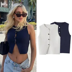 Ladies Short Tank Top Spring Summer Sleeveless Sexy Women Waistcoat Cropped Knit Vest Sweater Button Knitted Casual Woman Top