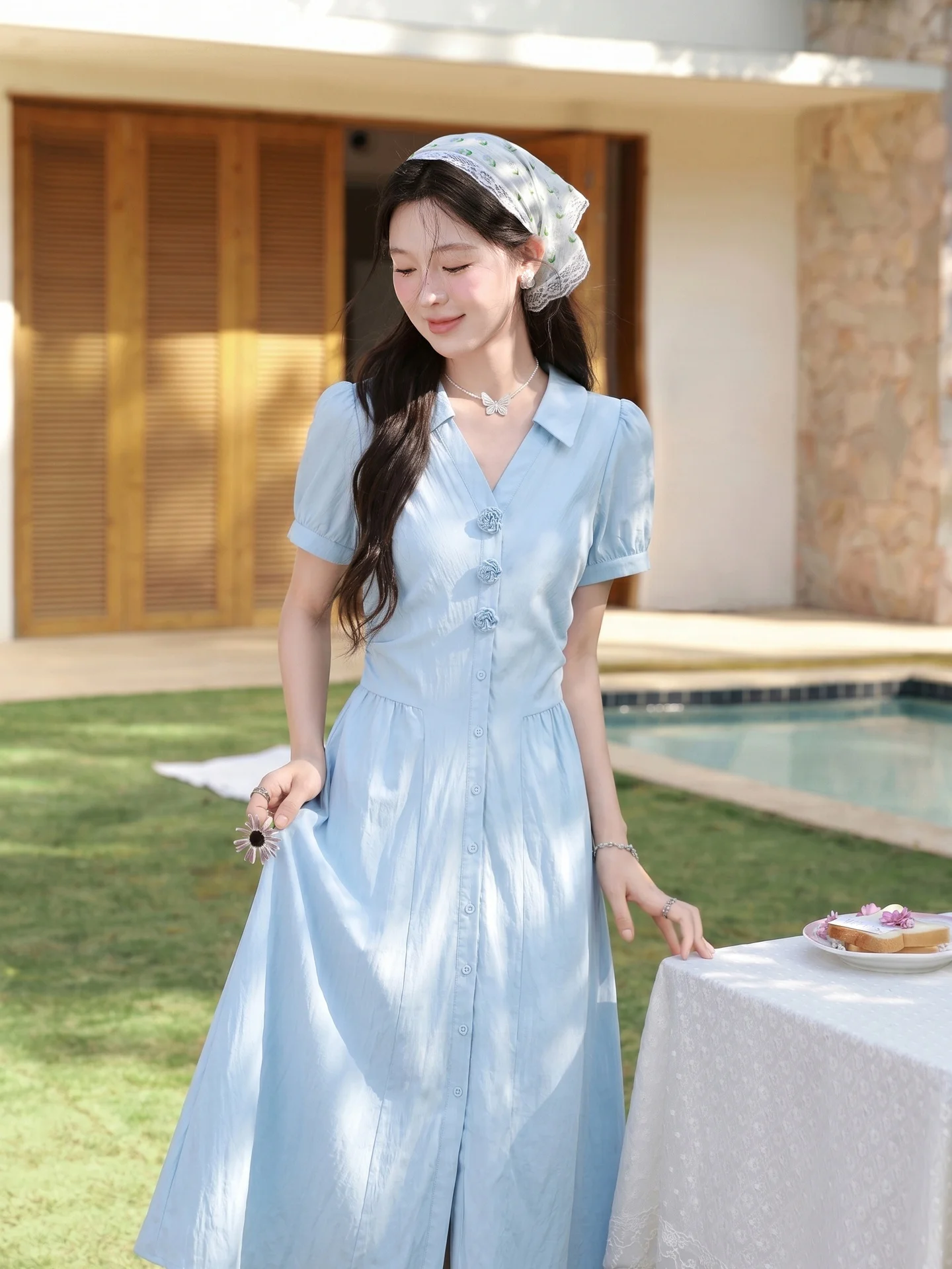 

Elegant Summer New Style Vacation Dress Women's Long Dress Deer towards South Leisure Casual Short Sleeve V-neck A-line Skirt