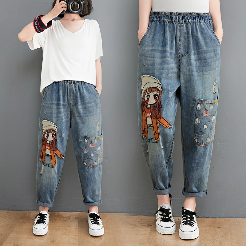 

Summer 2024 Women's Loose Fit Harlan Jeans Embroidered Patchwork Cartoon Denim Pants Slimming Versatile plus Size Korean Style