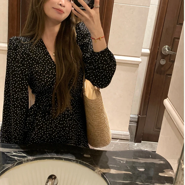 Polka Dot V Ne Long Sve feminino Dr primavera outono ort saia base em camadas cintura com cinto uma linha saia de fada