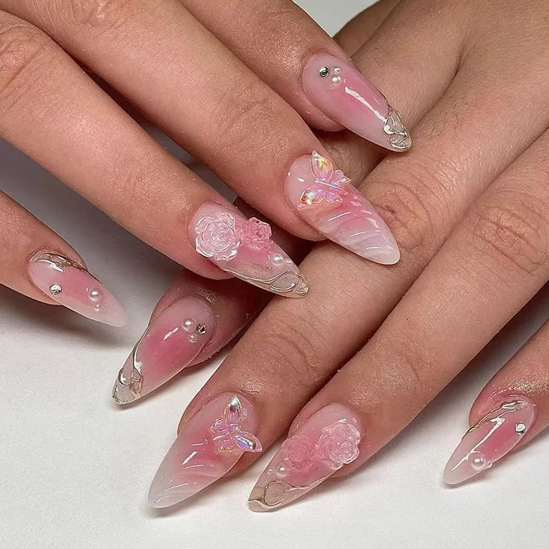 

24PCS Sweet Pink Blush French False Nails 3D Flower Butterfly Decor Fake Nails with Pearl Diamonds Wearable Almond Press on Nail