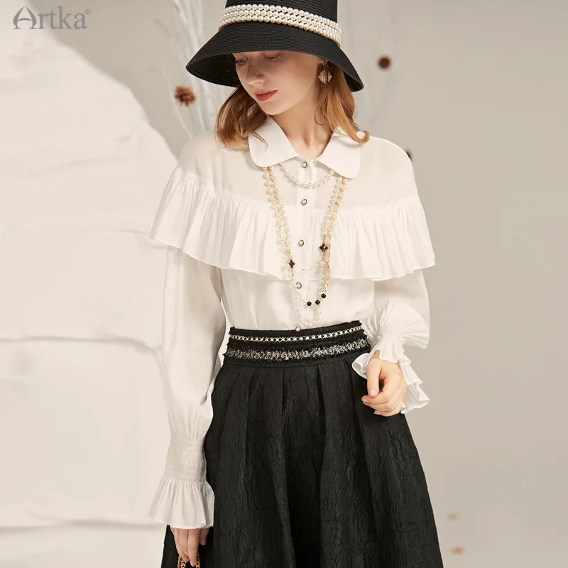 

ARTKA 2022 Spring New Women Blouse French Elegant Soft Chiffon Shirts Lapel Ruffle Long Sleeve White Shirt Female SA20011D