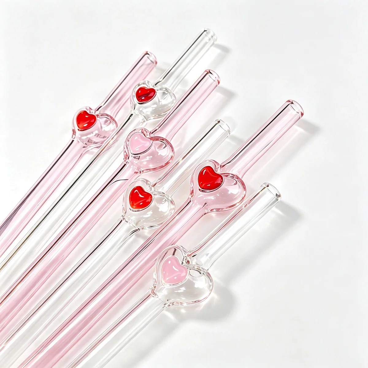 3pcs Reusable Glass Straw Set with Brush Pink Heart Shape Straw Suitable for Milkshakes Juices Coffee Kitchen Bar Accessories