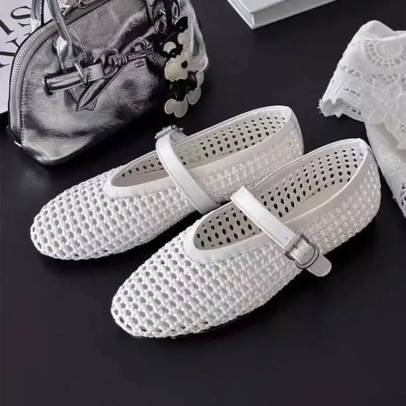

Woven hollowed-out Mary Jane shoes, women's one-strap summer sandals, shallow toe round ballet flats