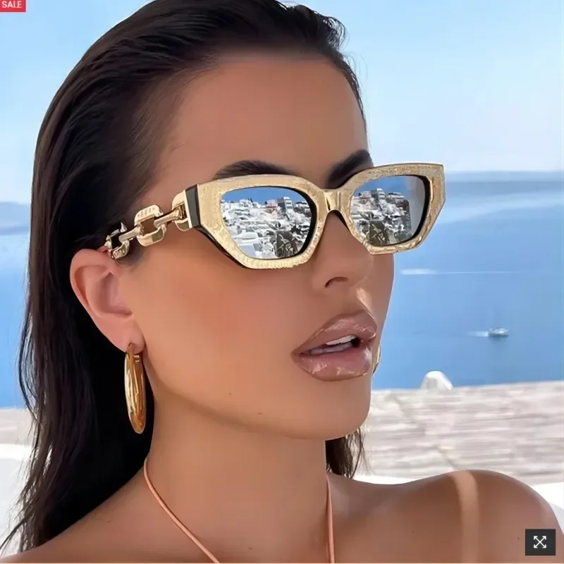 Small Metal Chain Sunglasses Thick Frame Retro Cat Eye Elegant Glasses New Trend Hot Stamping Process Fashion Tudor Gold