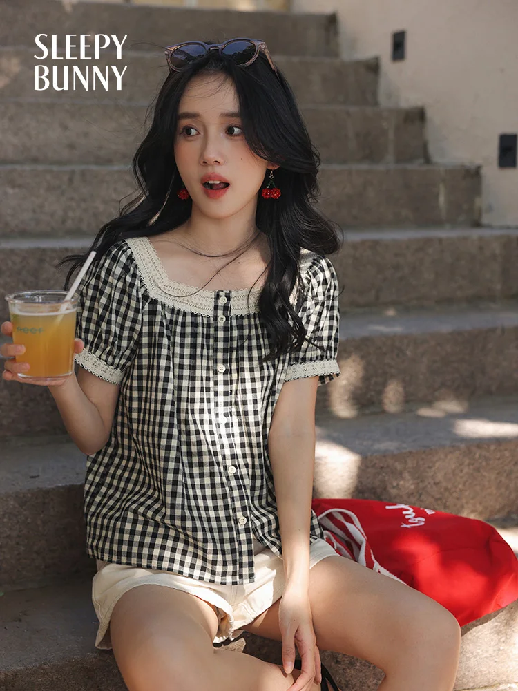 

French Retro Gingham Blouse Women Square Neck Puff Sleeve Cotton Shirt Lightweight Summer Top with Buttons Casual Hepburn Style