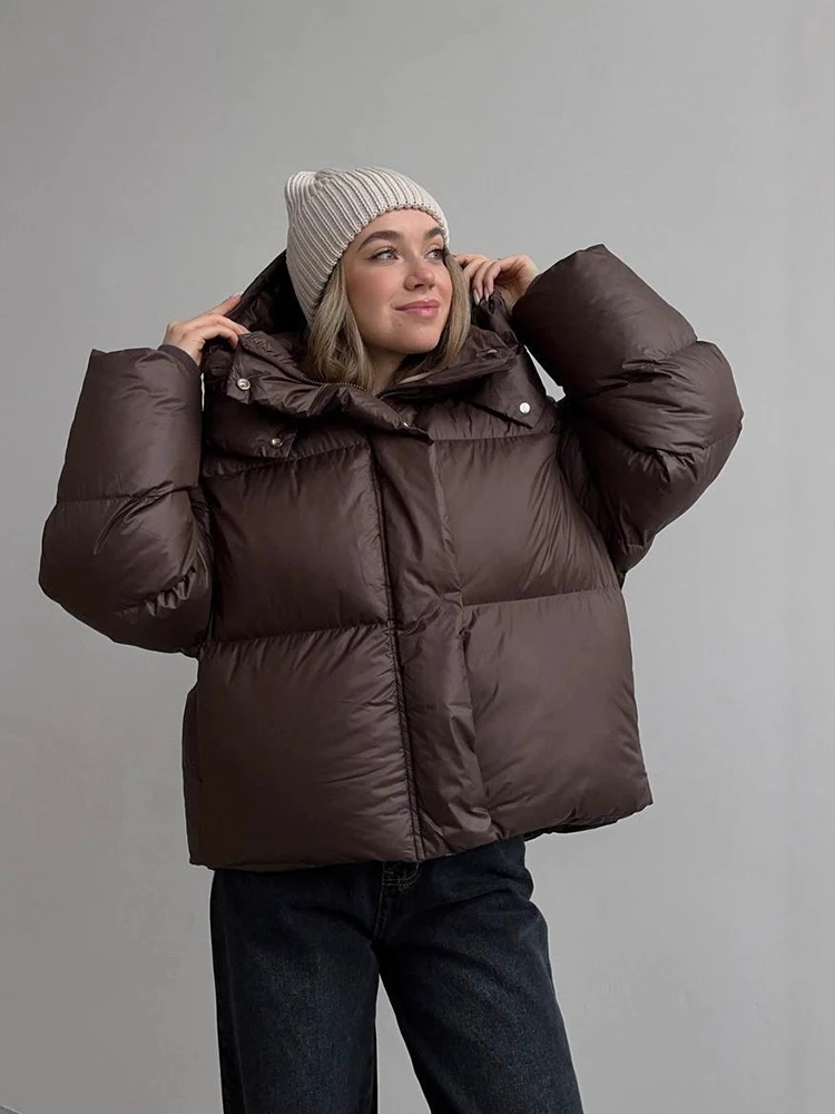 

Winter Puff Hooded Thick Short Down Jacket Women White Duck Down Zipper Parker Cotton Outwears Female Warm Loose Brown Jackets