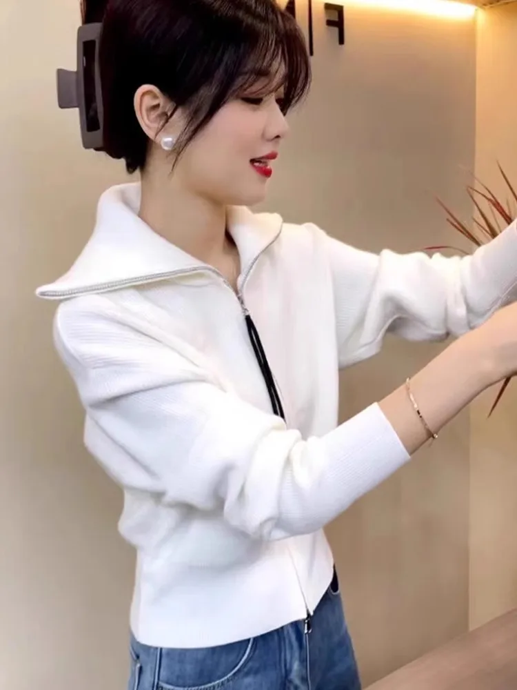 여성용 카메레 오픈 가디건 롱 슬리브 턴다운 칼라 지퍼 디자인 니트 스웨터 출퇴근용 가을 겨울 신상품...