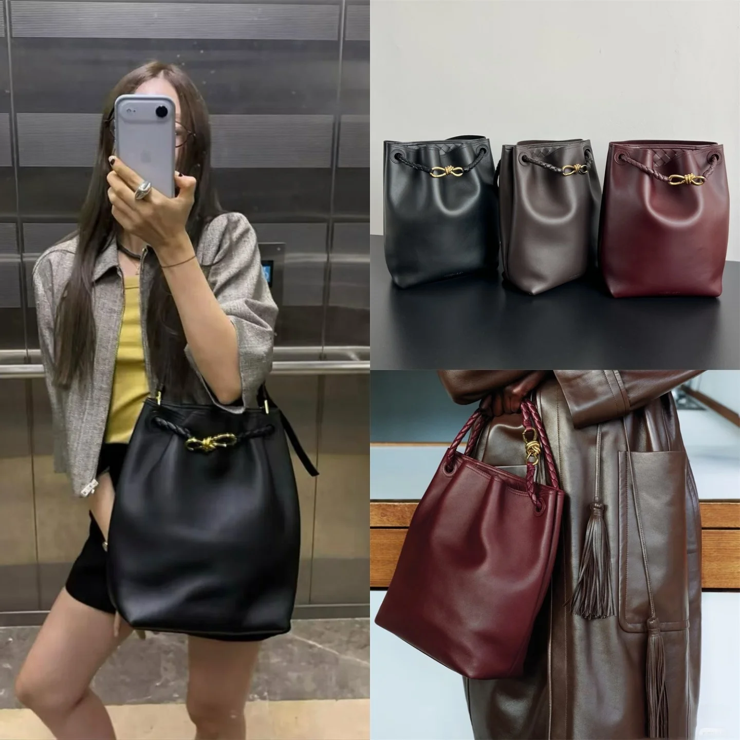 

Andiamo BV2025 Новая женская кожаная тканая сумка-ведро Большая сумка через плечо Capaci Повседневная простая сумка Sle