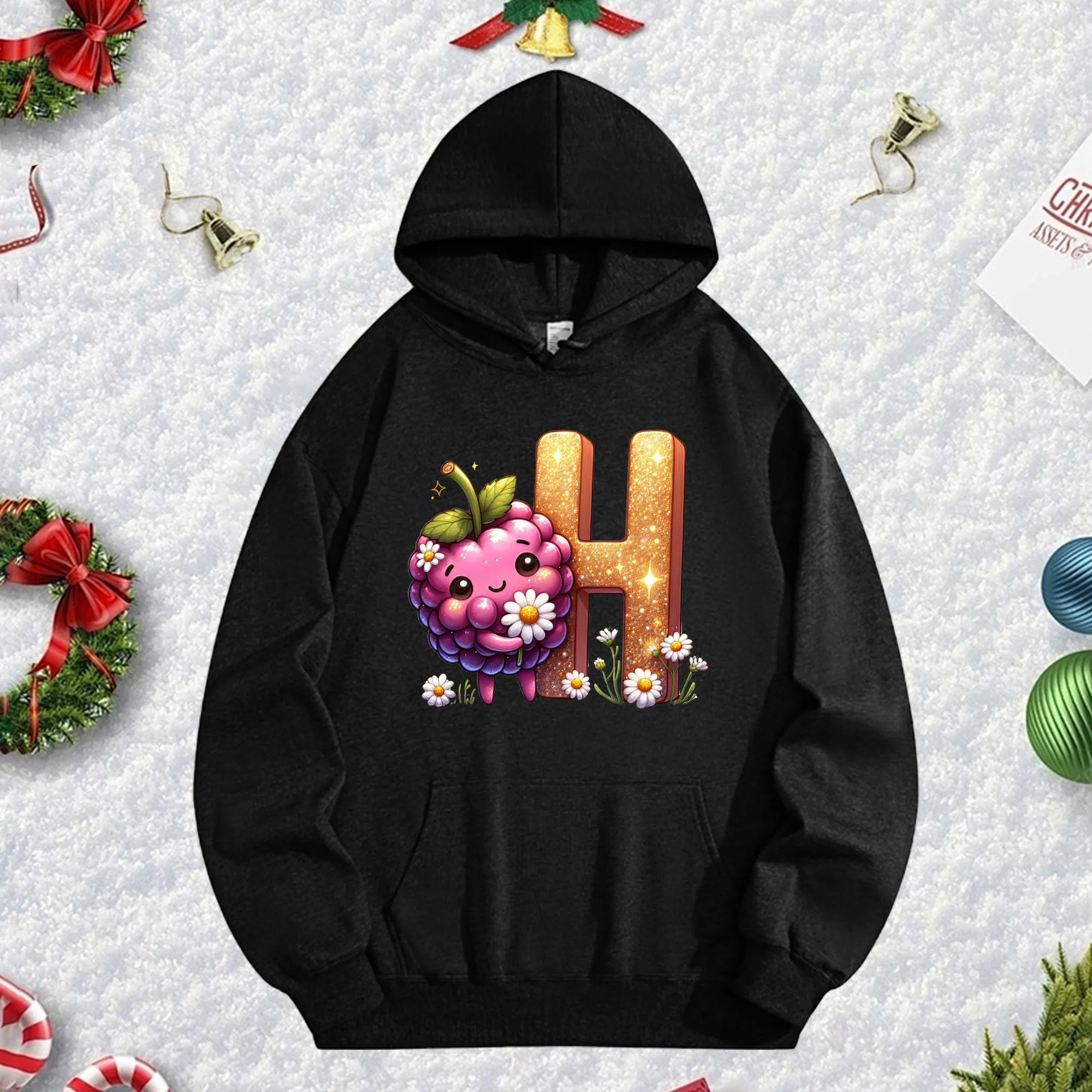 

Черная толстовка унисекс с фруктовыми буквами H 270G, уютный флисовый пуловер для зимы, рождественского и новогоднего праздничного наряда