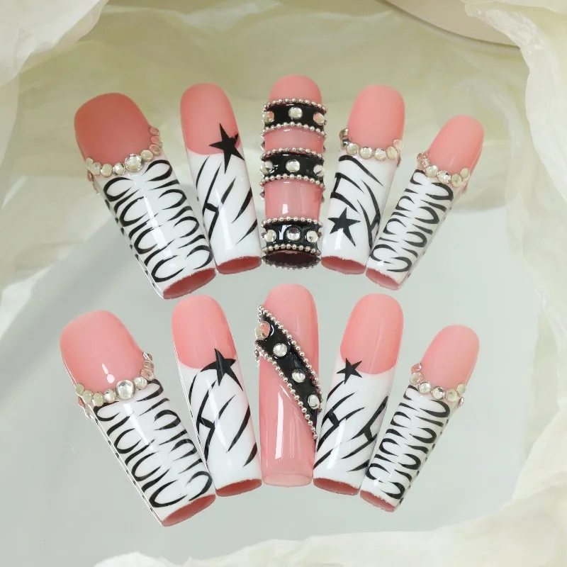 10 Pieces African Savannah Wild Handmade Press On Nails Glitter Zebra Leopard Long Nails Fake Nails Removable Reusable