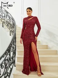 Missord Wine Sequin Prom Dresses Women Elegant Long Sleeve Stand Neck Back Cutout Thigh Split Bodycon Party Evening Dress Gown