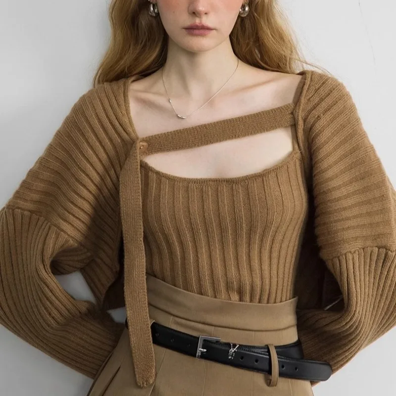 Ensembles de pulls de style français pour femmes, cardigan doux et élégant, camisoles ajustées, streetwear monochrome simple, assressentiet décontracté, attrayant