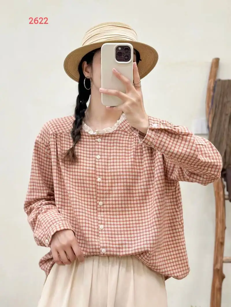 Japanese Mori Girl Vintage Plaid Shirts Women Autumn New Lace Stand Collar Long Sleeve Casual Loose Blouse Tops