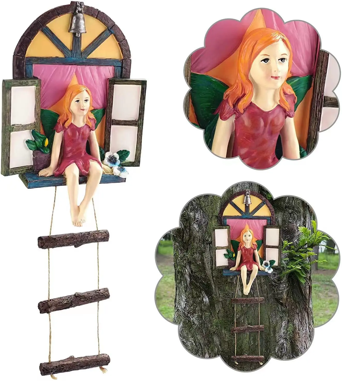 

Resin Statue Figurine Outdoor Ornament Fairy House Tree Hanging Sculpture Window Ladder For Home Garden Supplies Yard Art Decor