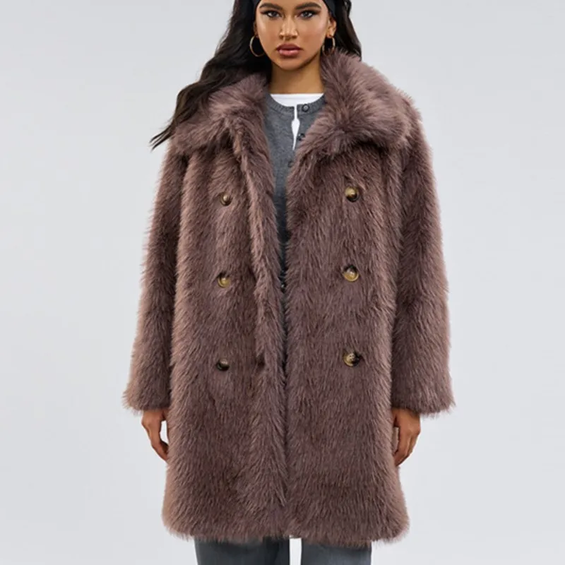 

2025 винтажные длинношерстные куртки из искусственного меха с отложными лацканами, осень-зима, утепленные меховые пушистые длинные кофейные куртки, верхняя одежда