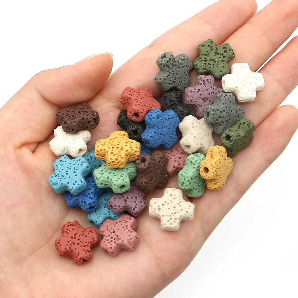 14x14mm Cross-Shaped Dyed Semi-precious Stone Bead Volcanic Rock Polished Straight-hole Trendy Necklace Bracelet Accessory 10pcs