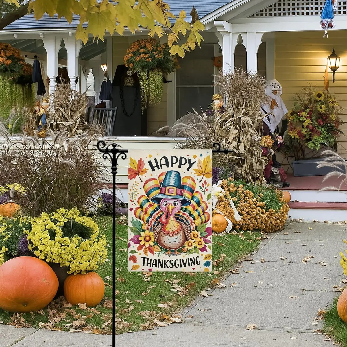 Happy Thanksgiving Garden Flag For Outside, Fall Thanksgiving Turkey Garden Flags, Double Sided Fall Harvest Flowers Holiday yyi