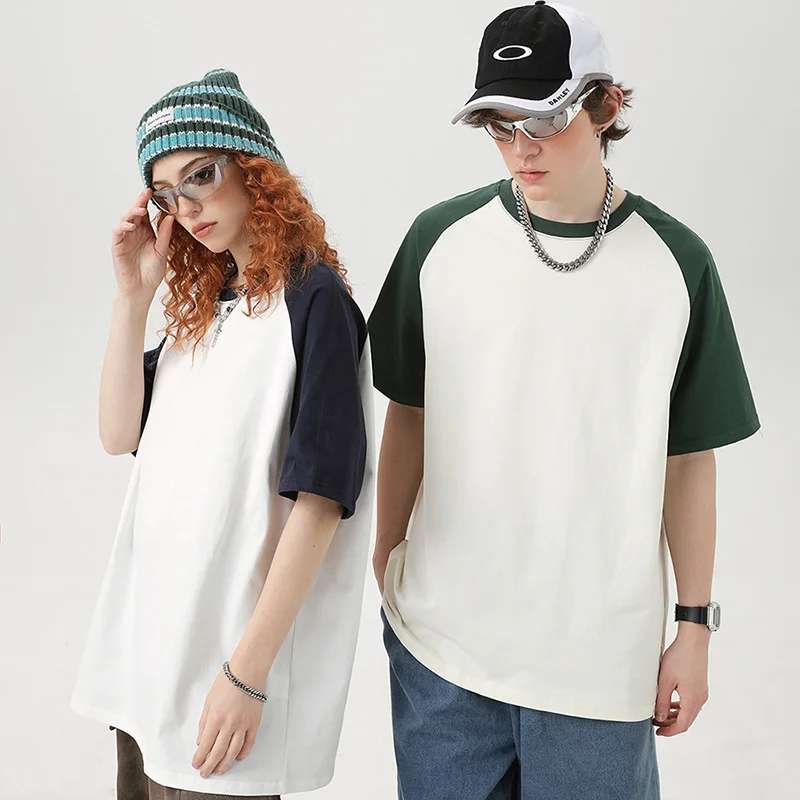 2024 European and American Color Blocked Short Sleeved T-shirt Women Men's Loose Cotton Couple's Top Base Shirt