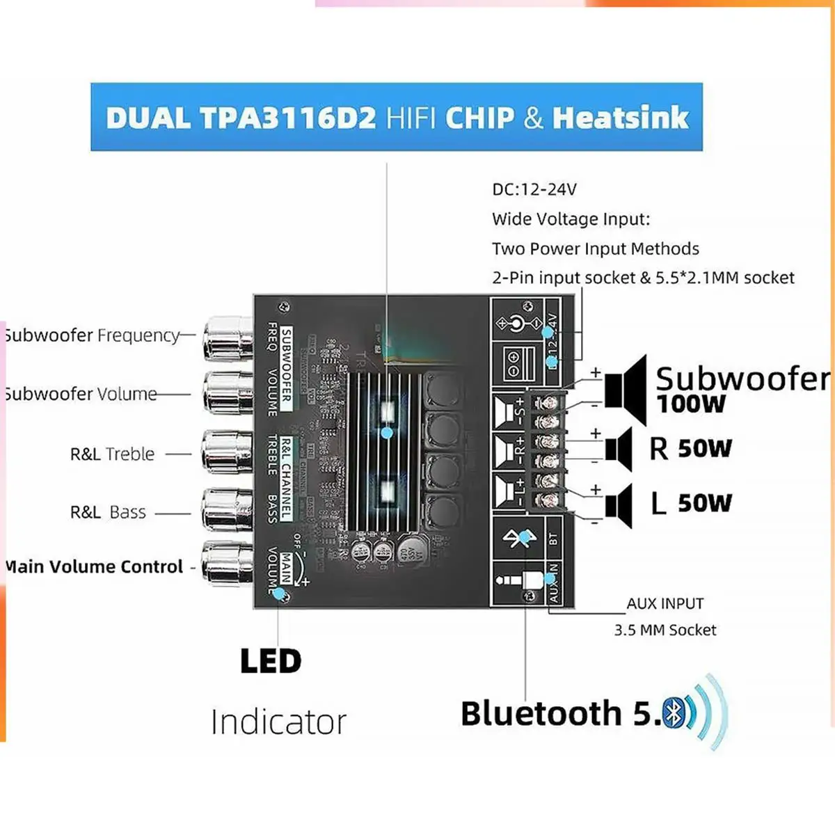 

A92Z ZK-TB21 Bluetooth 5,0 Плата усилителя сабвуфера 50WX2 + 100 Вт 2,1-канальная плата стереоусилителя мощности Bass AMP